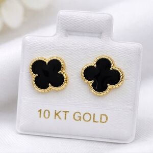 Van Four Leaf Black Enamel Stud Earrings Inspired 10K Solid Gold 9mm